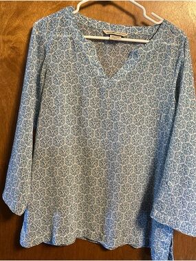 Exofficio Blue & White Patterned V-Neck Adjustable Sleeve Tunic